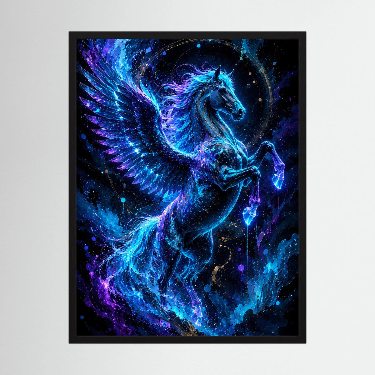Poster im Hochformat mit Pegasus-Motiv in leuchtendem Blau, schwarzer Rahmen