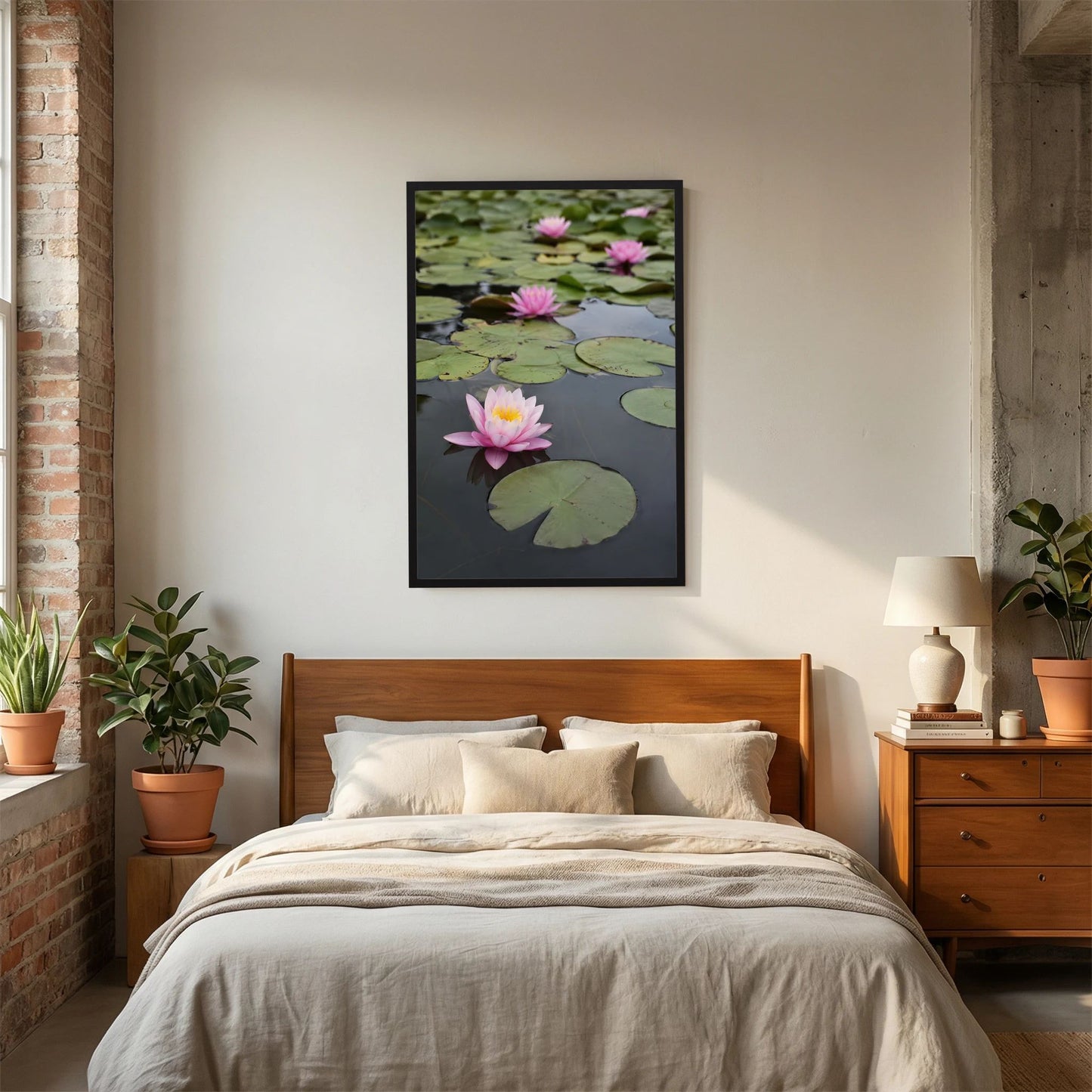 Kunstposter mit Seerosen im Teich, schwarzer Rahmen