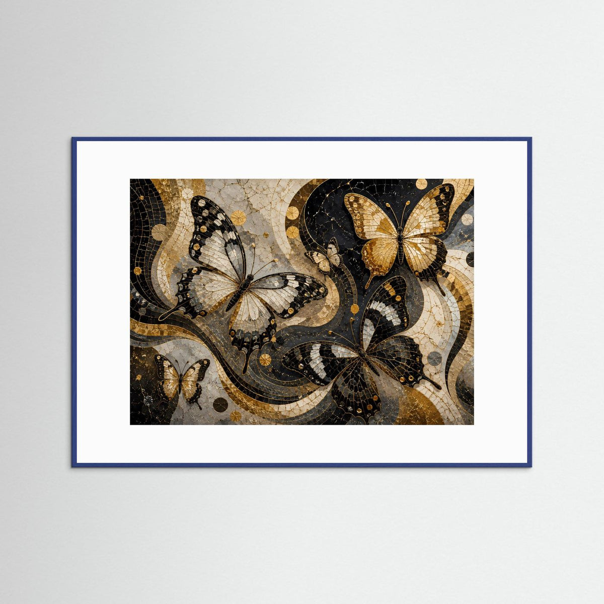Querformat-Poster mit gold-schwarzer Schmetterlingsmosaik, Rechteck, blauer Rahmen