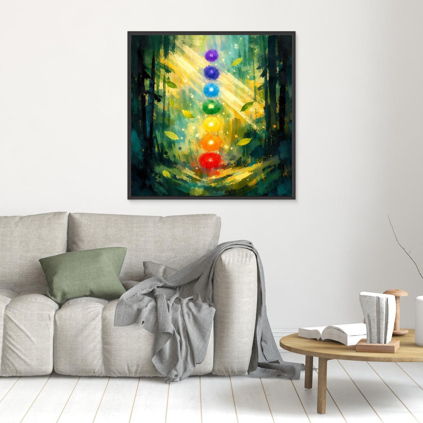 Leinwand-Wandbild mit sieben farbigen Chakren im Wald, schwarz gerahmt