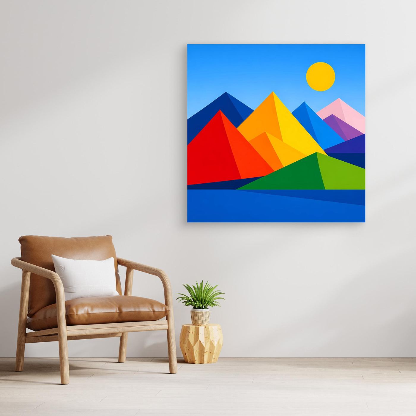 Quadratisches Leinwandbild mit geometrischer Berglandschaft, bunt gestapelte Berge und Sonne.