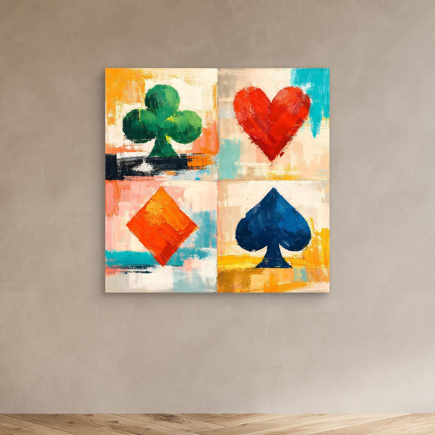 Leinwand-Wandbild mit abstrakten Spielkarten-Symbolen: Herz, Karo, Pik und Kreuz