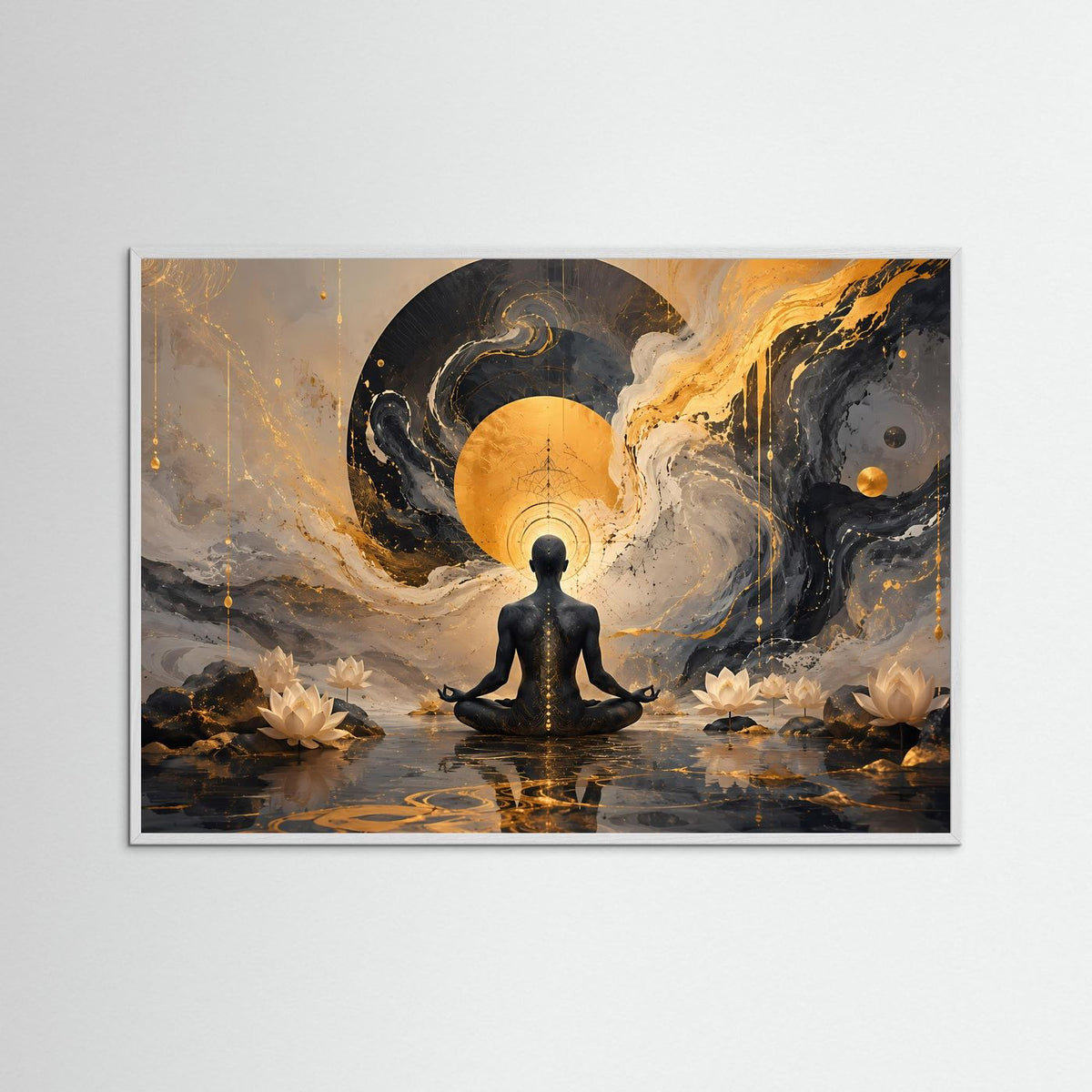 Gerahmtes Meditationsposter: sitzende Meditationsfigur in gold-schwarzer Lichtkomposition