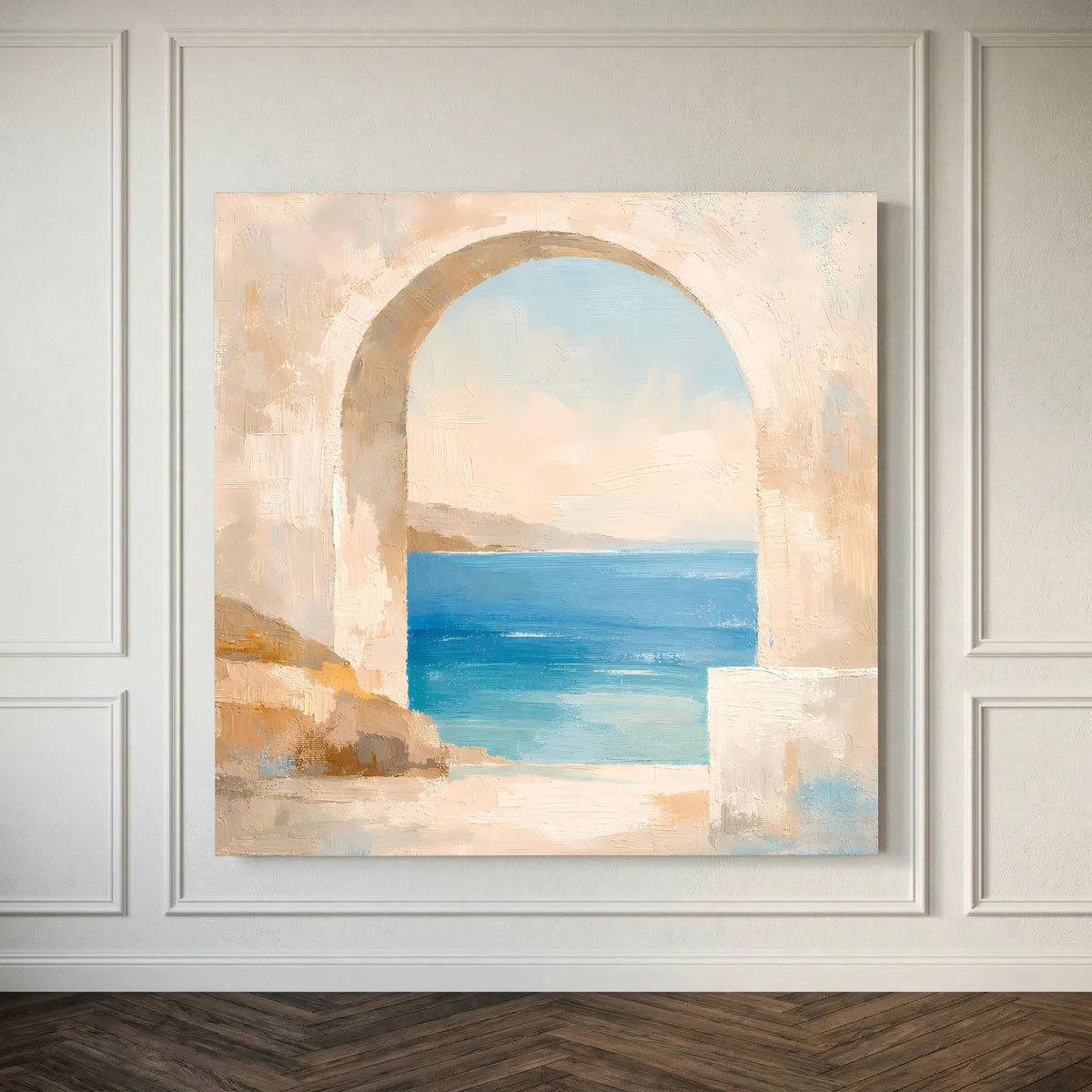 Quadratisches Leinwandbild mit Torbogenmeerblick in Blau, Beige und Weiß