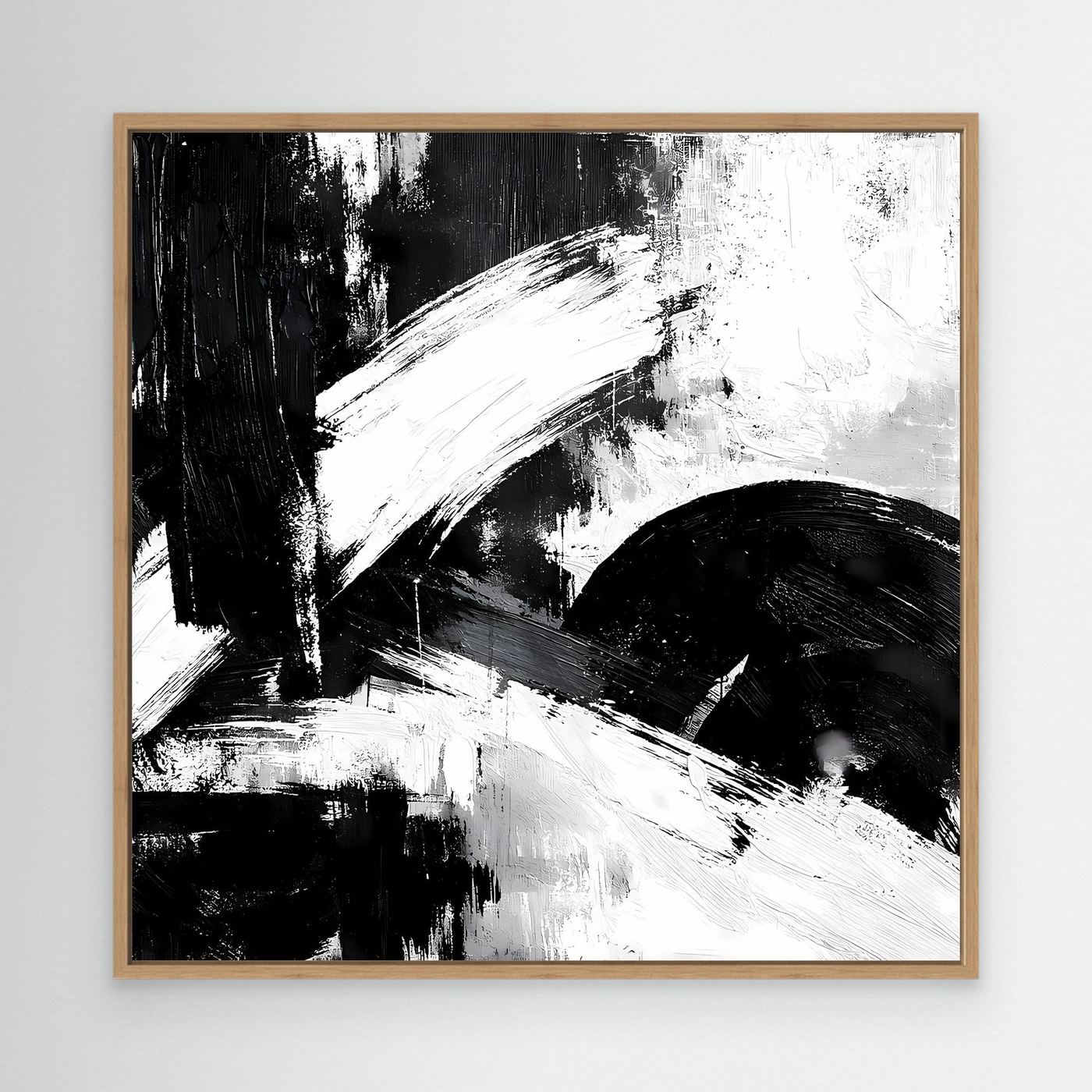 Leinwand-Wandbild mit abstrakten Schwarz-Weiß Pinselstrichen, Holzrahmen in Eiche