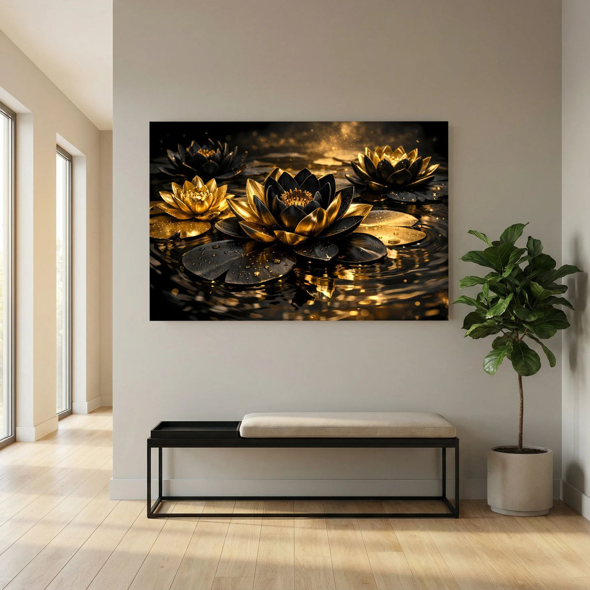 Wandbild im Querformat mit goldenen Lotusblüten auf dunkler Wasseroberfläche, glänzend