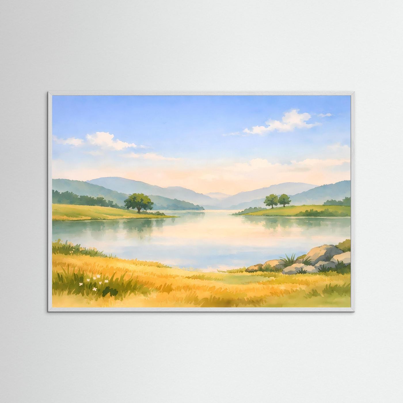 Natur-Poster im Aquarellstil im Querformat mit graublauem Rahmen: See, Wiesen, Hügel