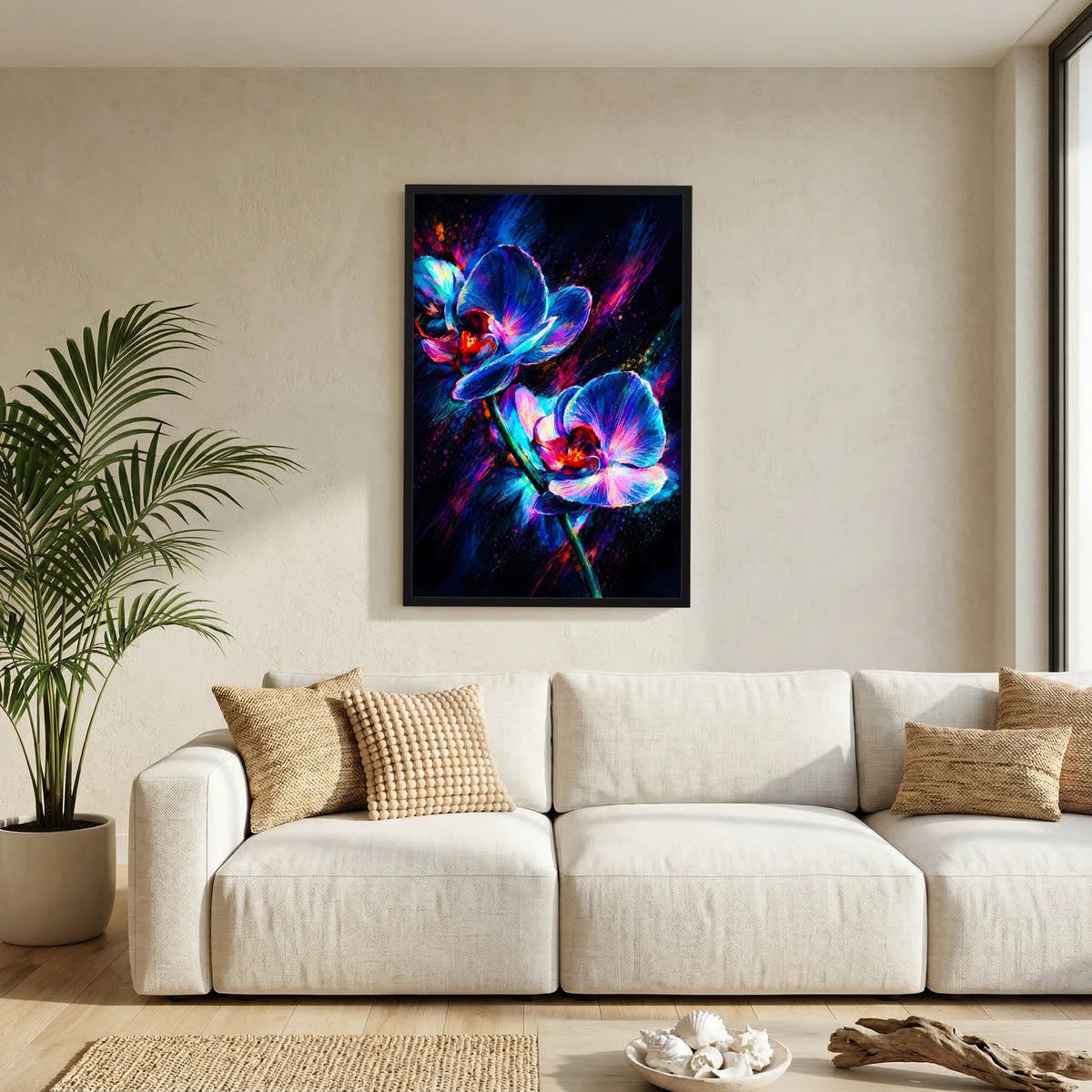 Hochformat-Poster mit Neon-Orchideen in Blau & Pink, abstrakte Blumen, schwarzer Rahmen