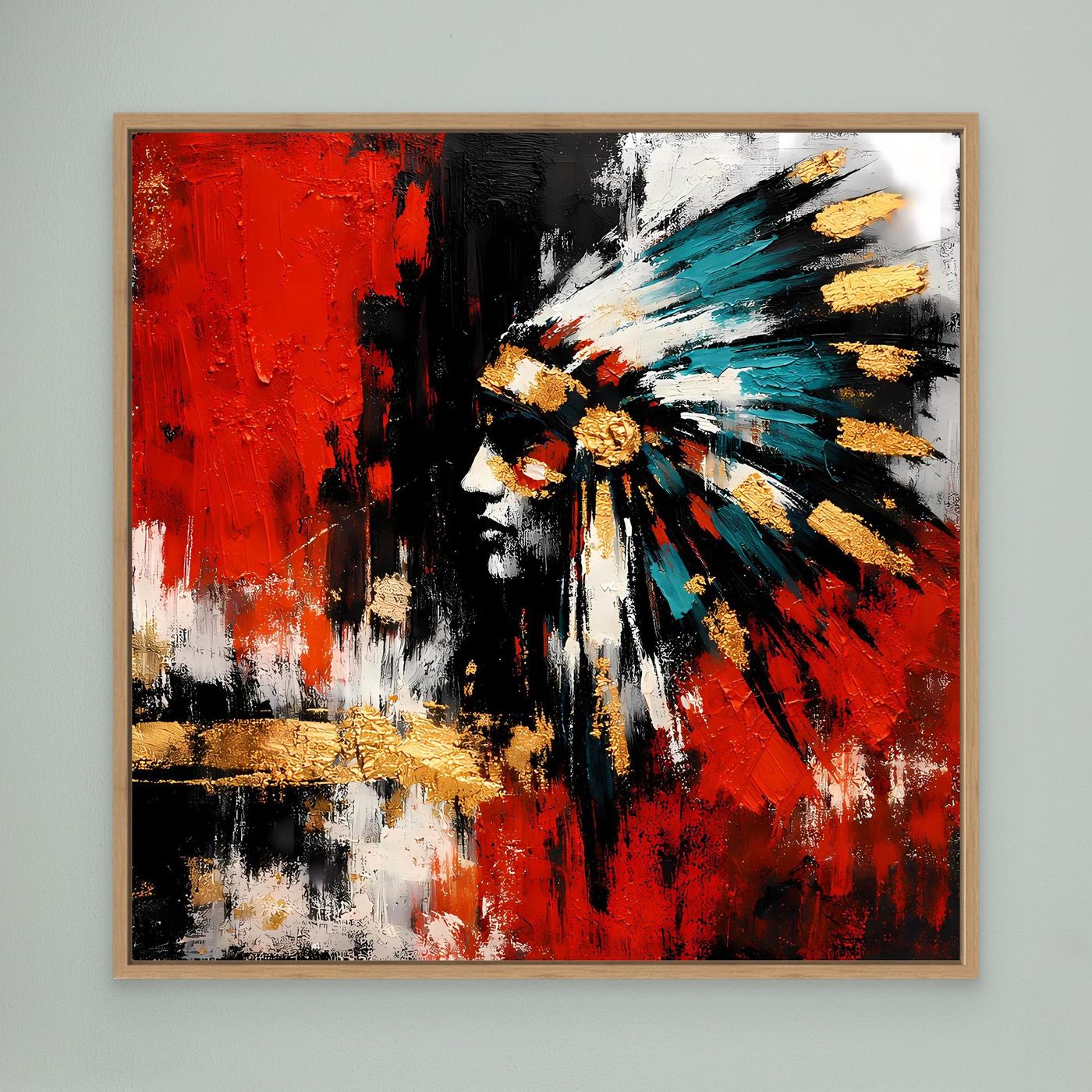 Gerahmtes Leinwand-Wandbild mit abstraktem Porträt in Rot, Schwarz und Türkis, Holzrahmen