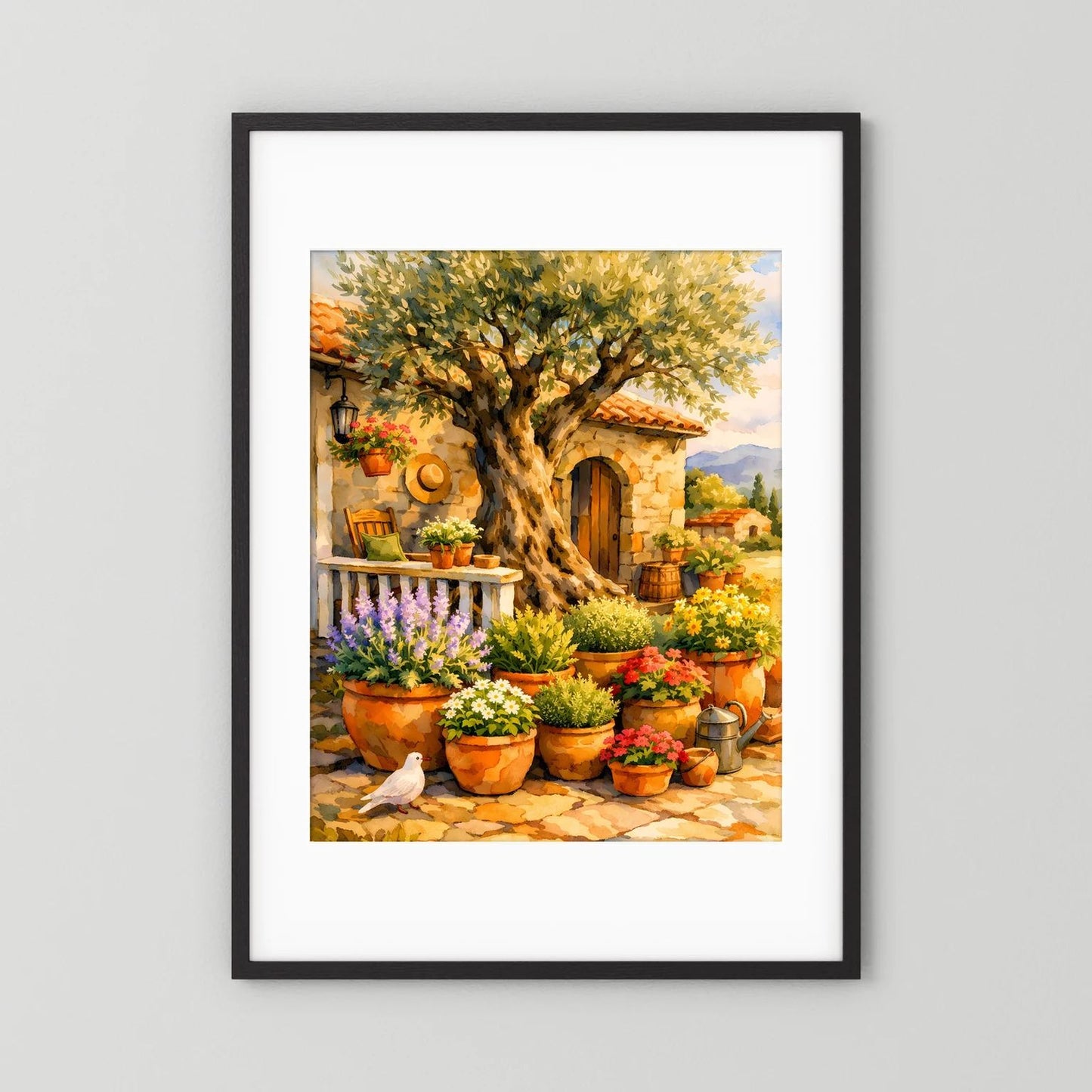 Wandbild mit Olivenbaum und Blumentöpfen in mediterraner Hofszene, schwarzer Rahmen