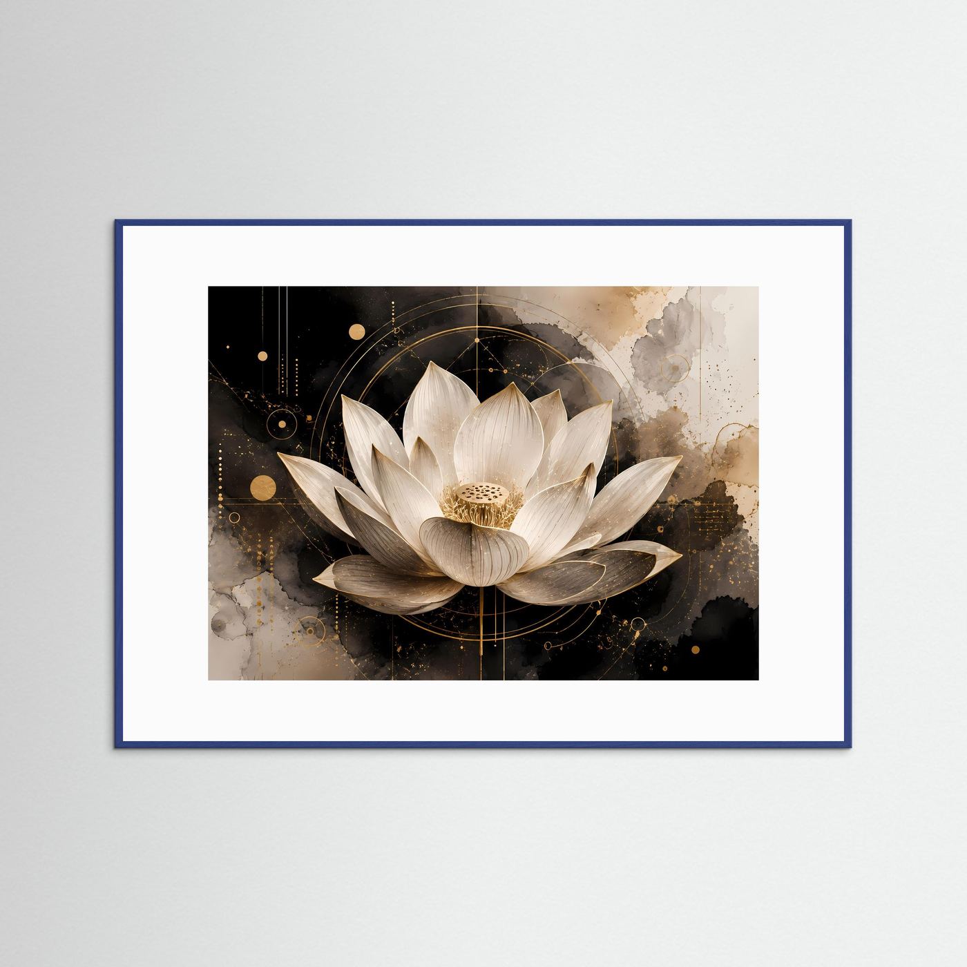 Rahmenposter mit abstrakter Lotusblüte im blauem Rahmen, Schwarz-Gold-Weiß