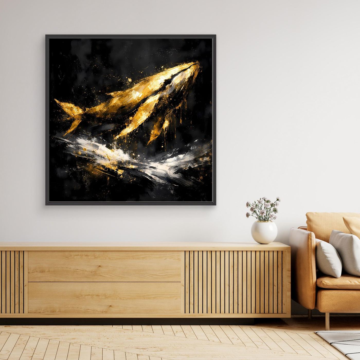 Leinwand Majestätischer Wal in Gold und Schwarz | Modernes Abstraktes Meeres Wandbild