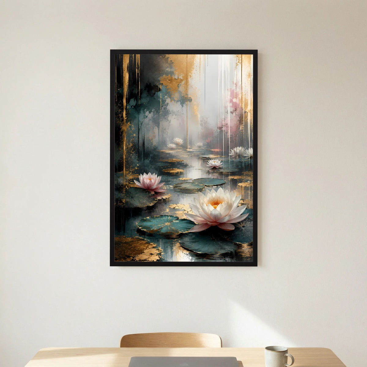Schwarz gerahmtes Poster mit Seerosenteichszene, weißen und rosafarbenen Blüten