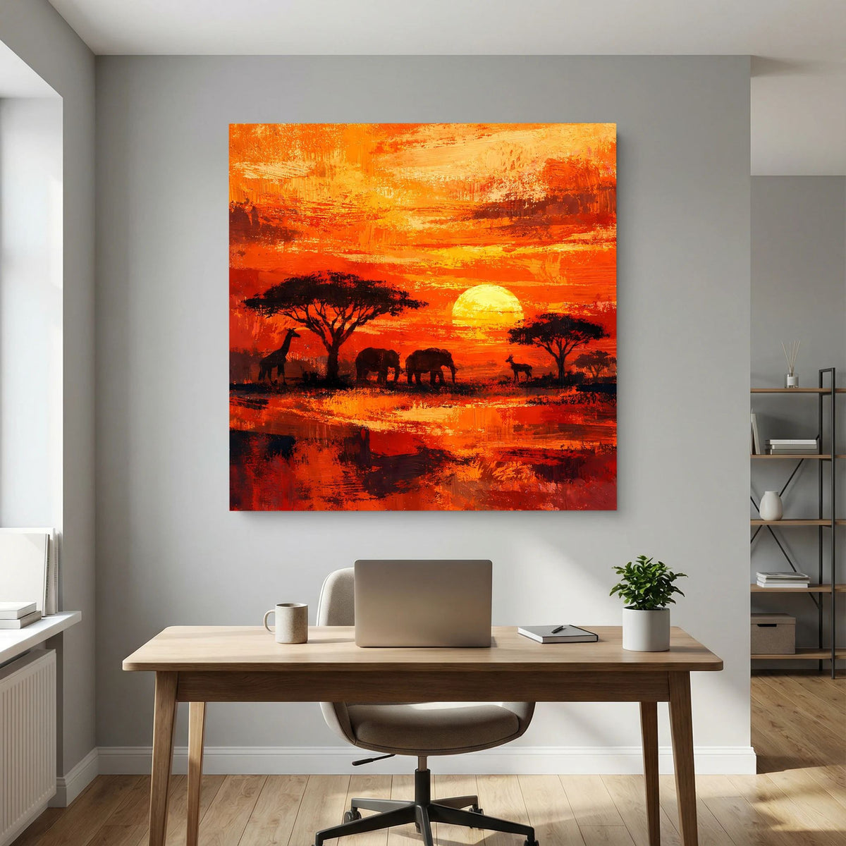 Leinwand-Wandbild: orangefarbener Sonnenuntergang, dunkle Akazien, Elefanten- und Giraffen-Silhouetten