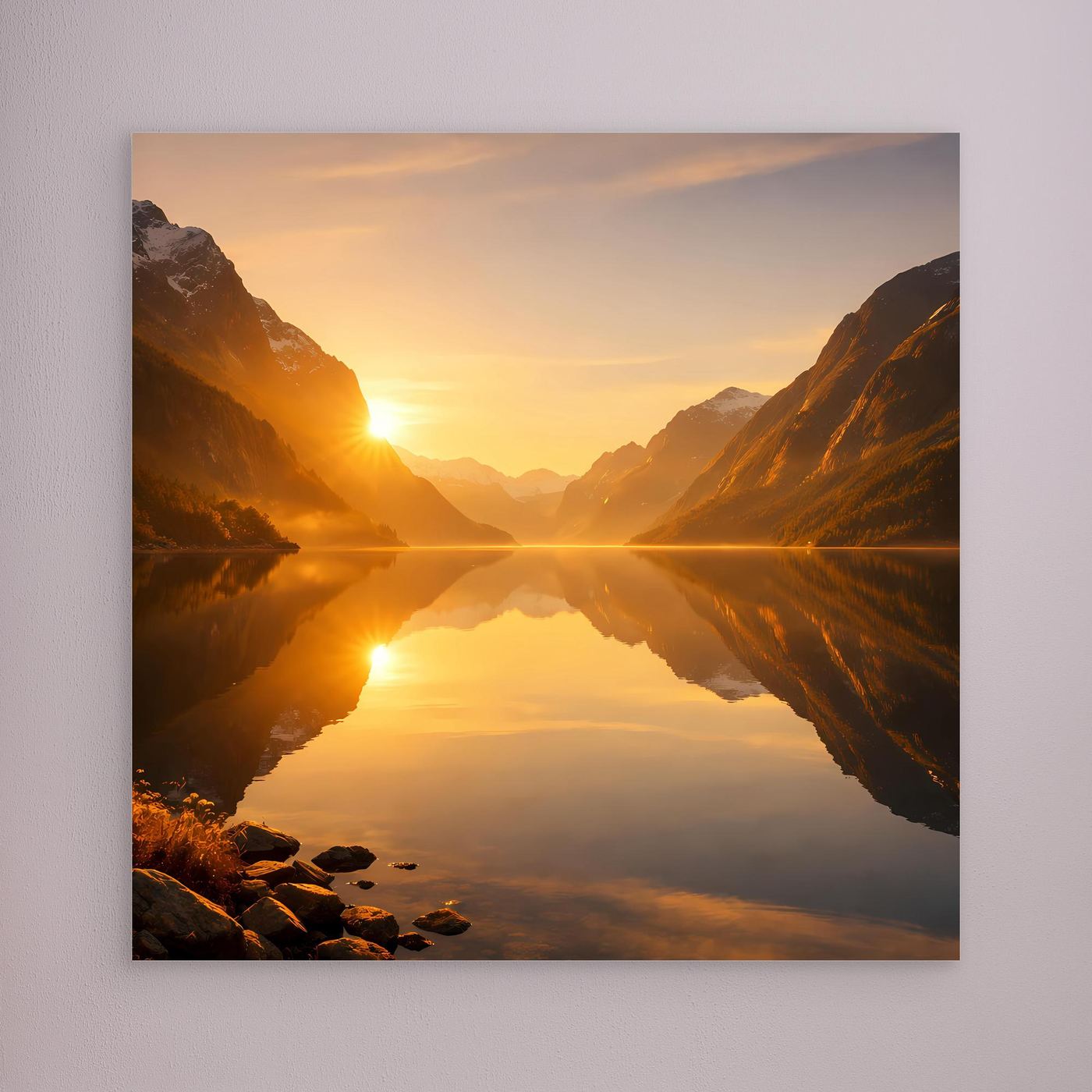 Leinwandbild mit Sonnenaufgang über Fjord und spiegelnder Bergkulisse, ohne sichtbaren Rahmen.