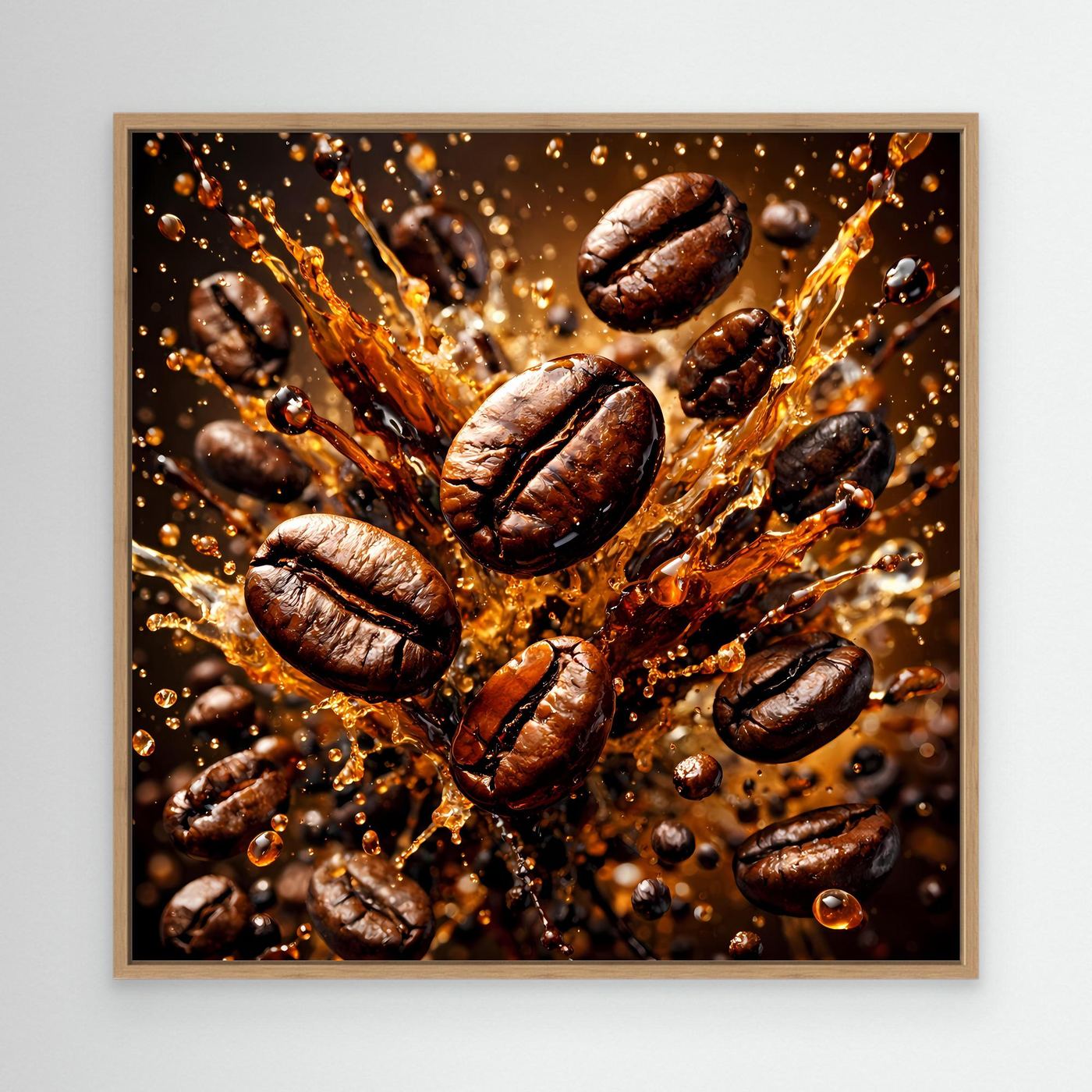 Leinwandbild mit Kaffeebohnen-Splash im Holzrahmen, braun-goldenes Spritzmotiv