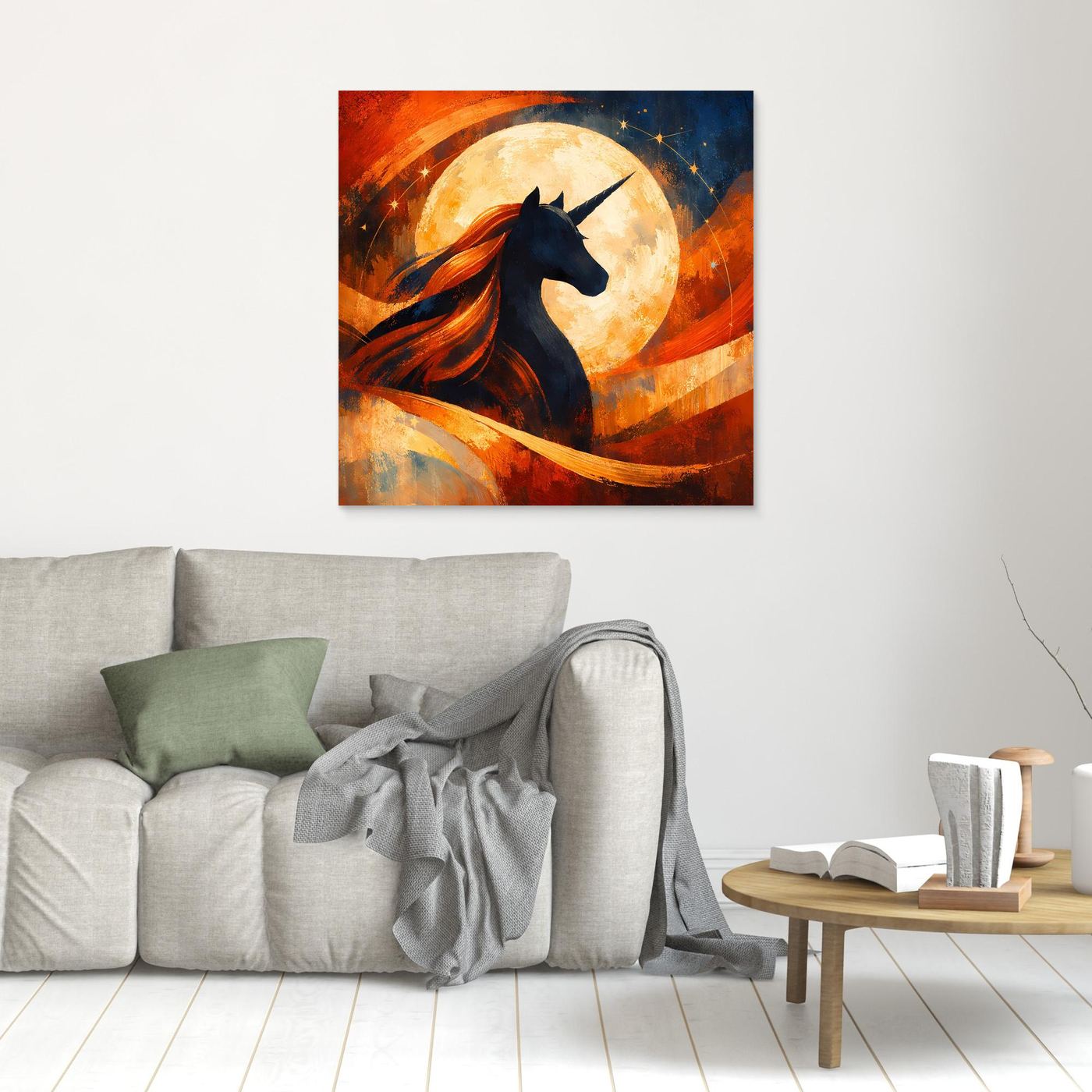 Kleines Leinwandbild mit Einhornsilhouette und Vollmond, warmes Rot-Orange, brauner Rahmen