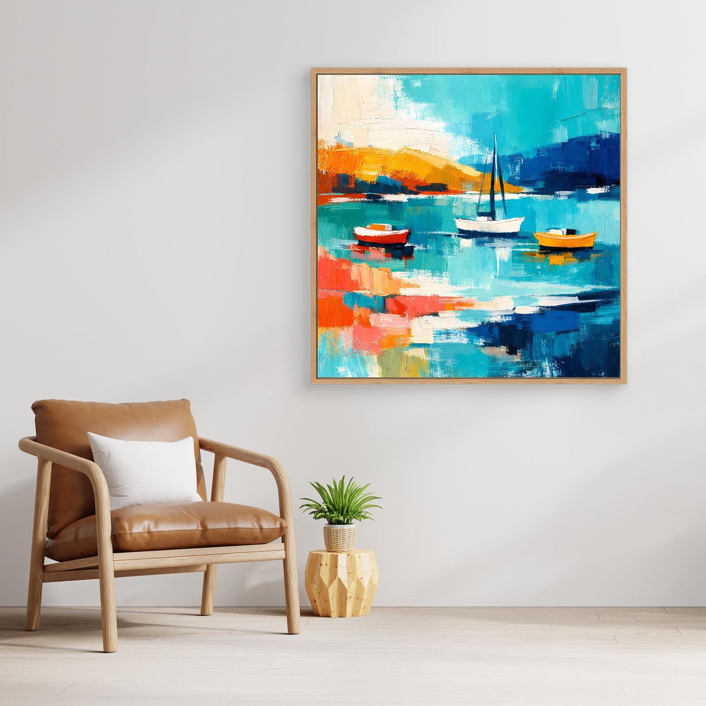 Abstract sailboat wall art in a light oak frame with teal water and orange boats