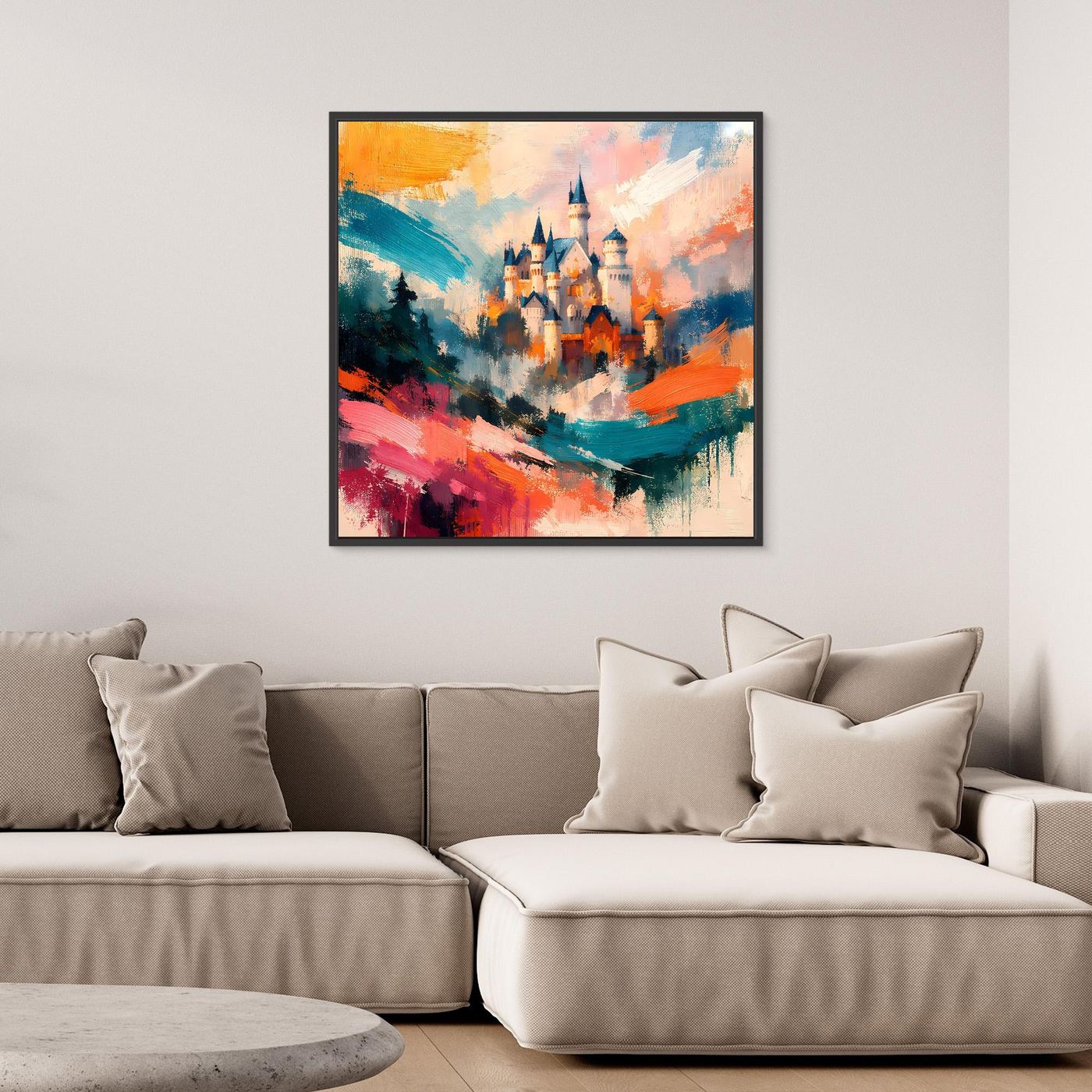 Premium Leinwand Märchenhaftes Schloss in abstrakten Farben | Modernes Castle Wandbild