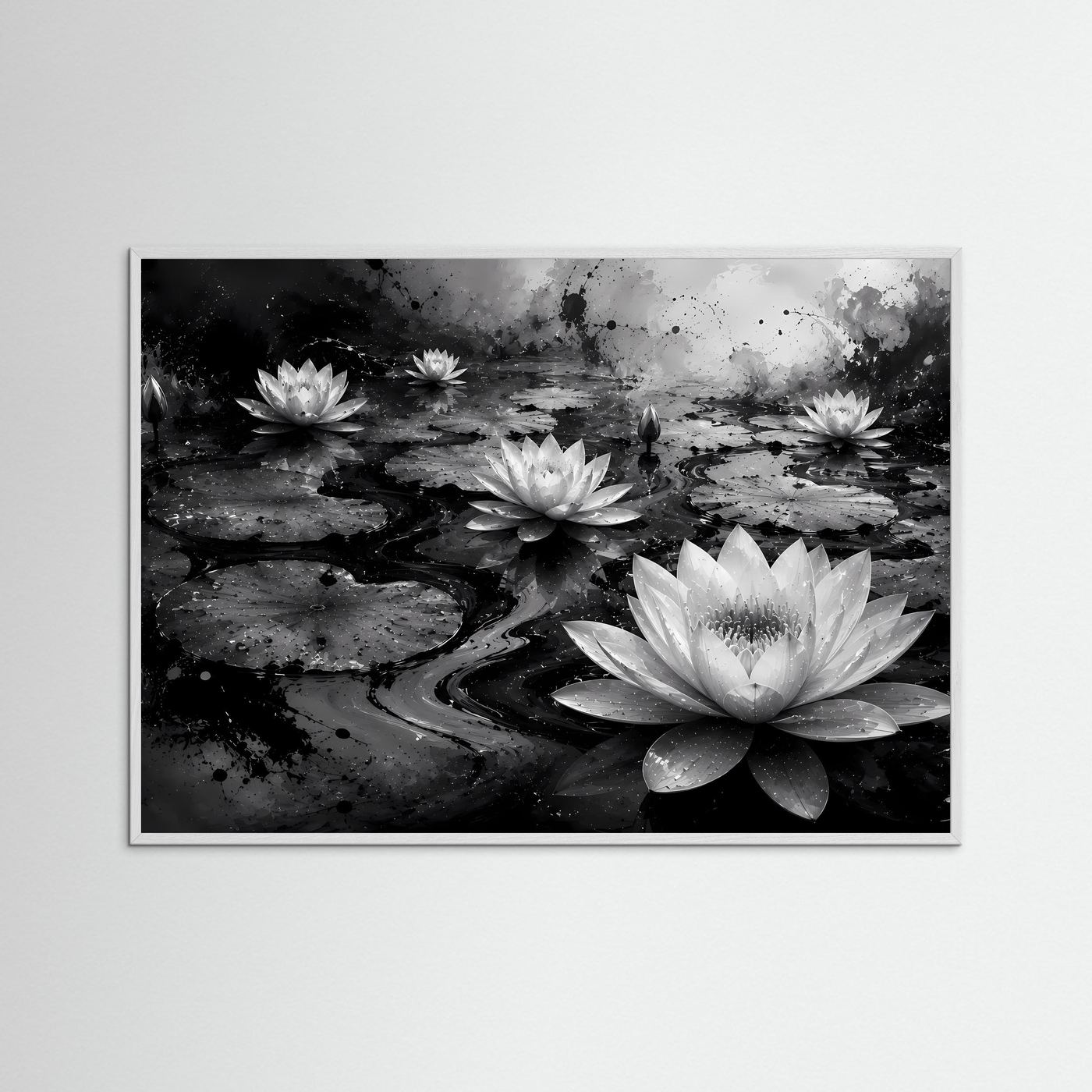 Weiße Seerosen auf schwarzem Wasser | Elegante Schwarz-Weiß Naturkunst – Moderner Lotus Teich
