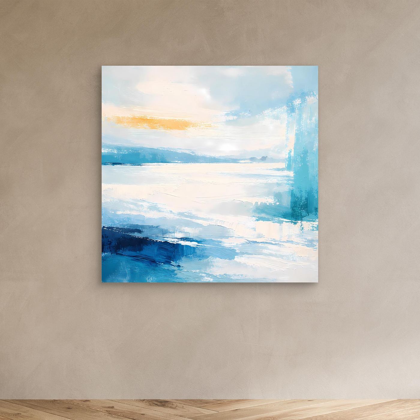 Leinwandbild mit abstrakter Küstenlandschaft in Blau und Türkis