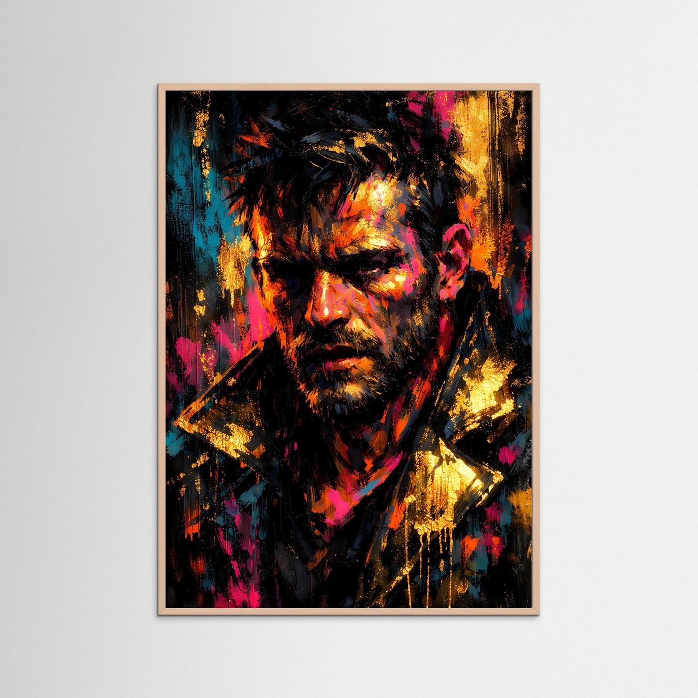 Kunstposter mit abstraktem Porträt im Noir-Stil, Neonfarben, im Holzrahmen