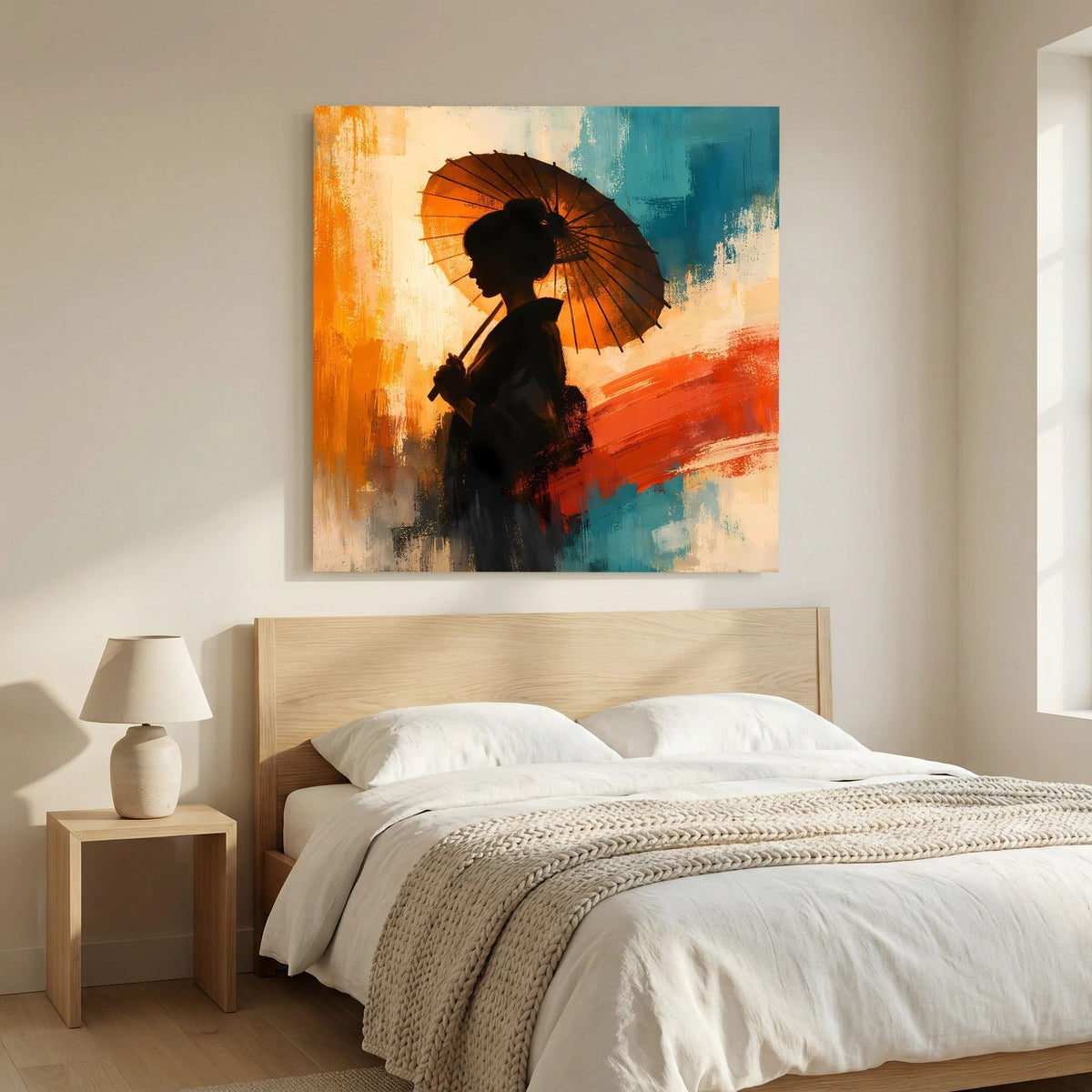 Wandbild auf Keilrahmen: dunkle Frauensilhouette mit Sonnenschirm, kräftige orange-blaue Akzente
