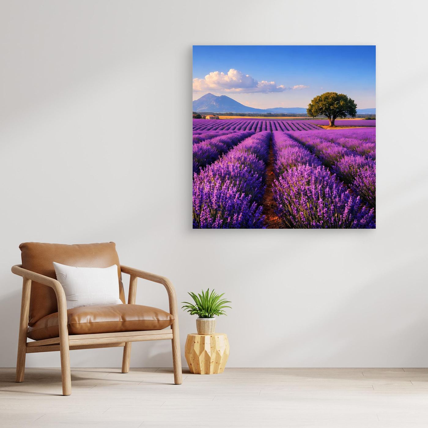 Landschafts-Leinwandbild mit Lavendelfeld, violetten Reihen und Baum im klaren Himmel