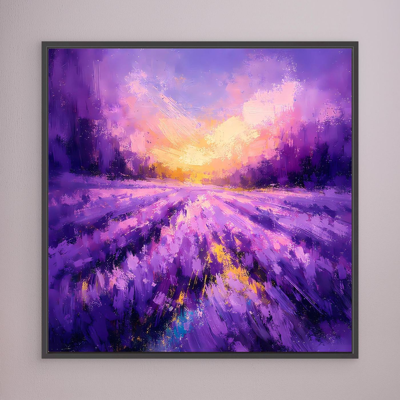 Lavendel-Wandbild auf Leinwand mit schwarzem Rahmen, abstraktes Feld in Violett mit Sonnenstrahlen