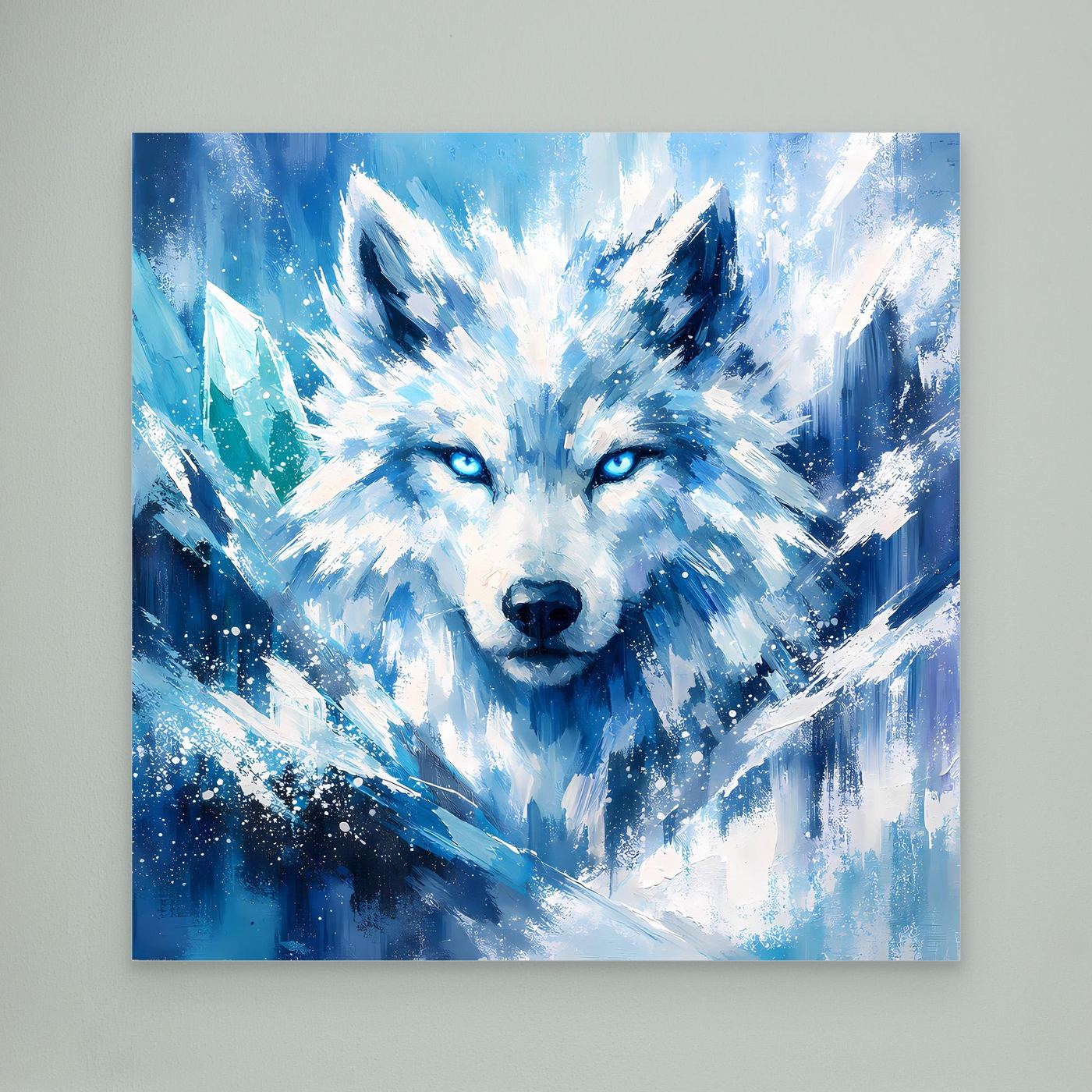 Leinwandbild mit abstraktem Eiswolf im Schneesturm, blau-weißes Motiv, ohne Rahmen
