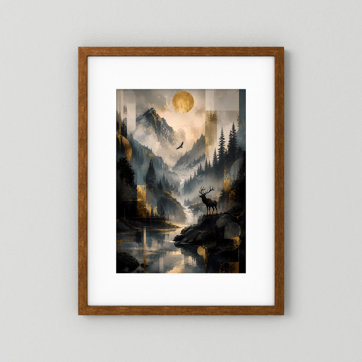 Hochformatiges Poster mit Hirsch auf Fels, Mond über Bergtal und Wald, brauner Holzrahmen