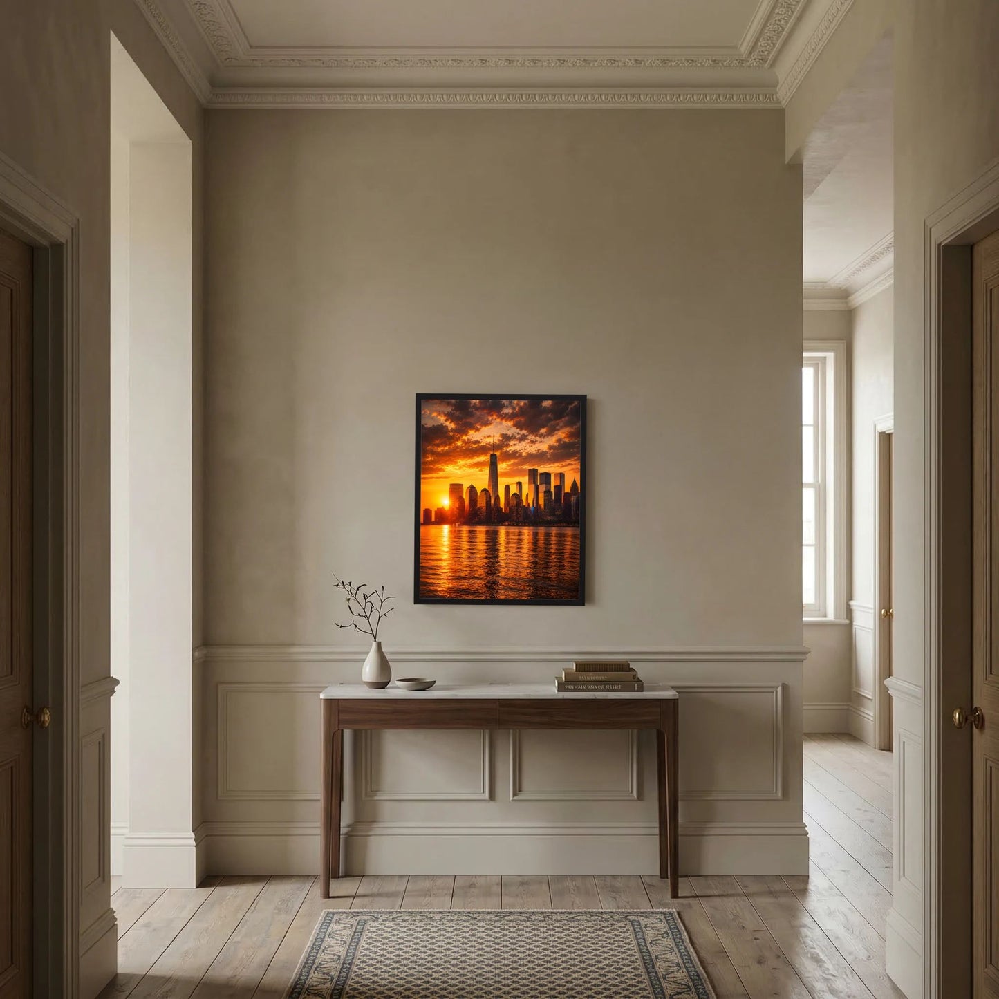 Poster im Hochformat mit Skyline bei Sonnenuntergang über Wasser, orange Akzente, schwarz