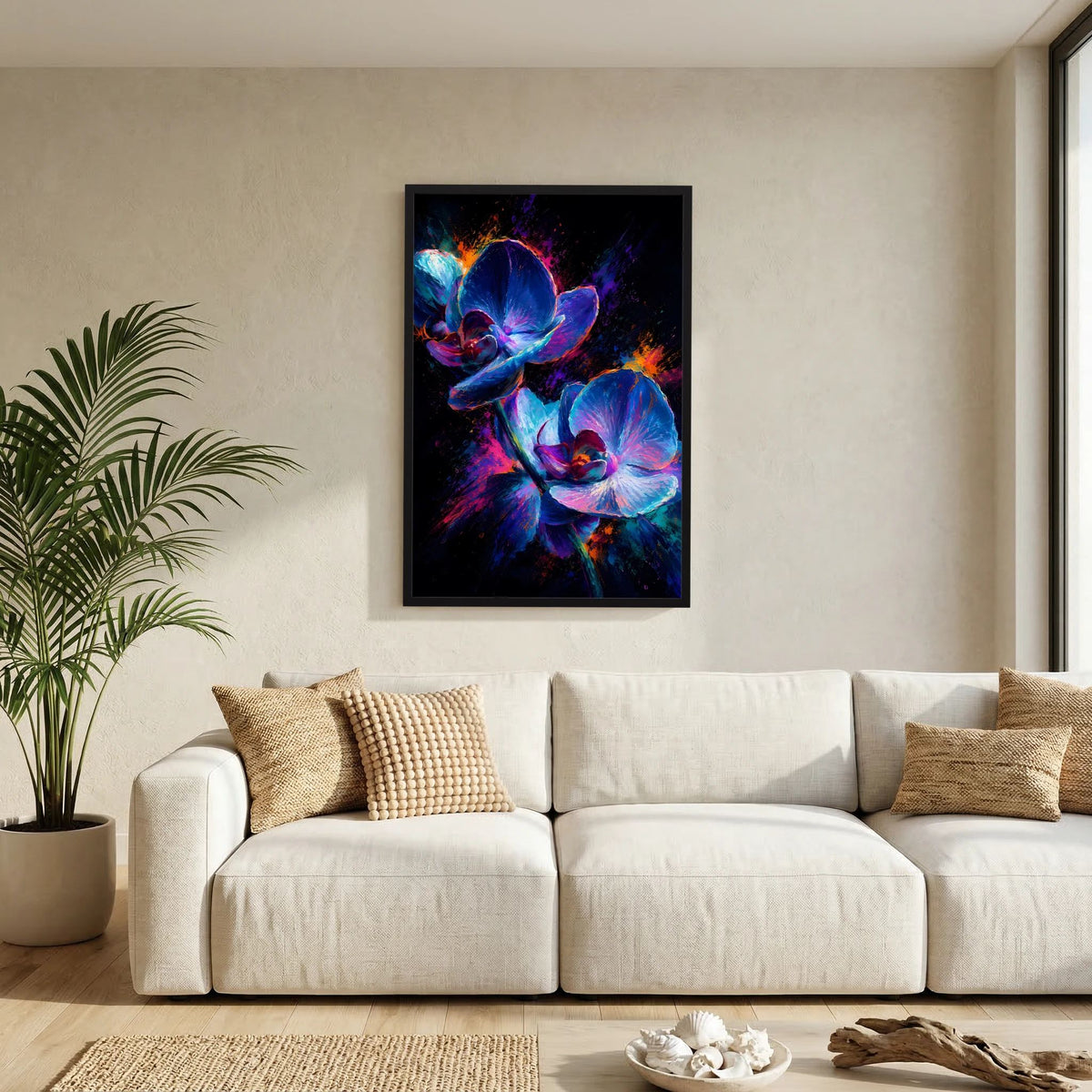 Hochformatiges Poster mit abstrakten Orchideen in Blau und Pink auf schwarzem Hintergrund, schwarzer Rahmen