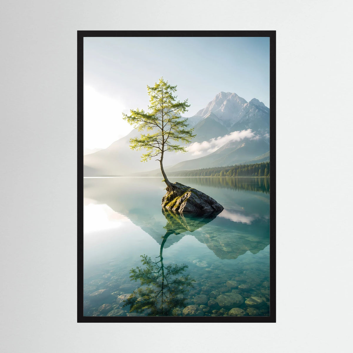Baum im Bergsee | Stille Berglandschaft mit Spiegelung | Poster Hochformat