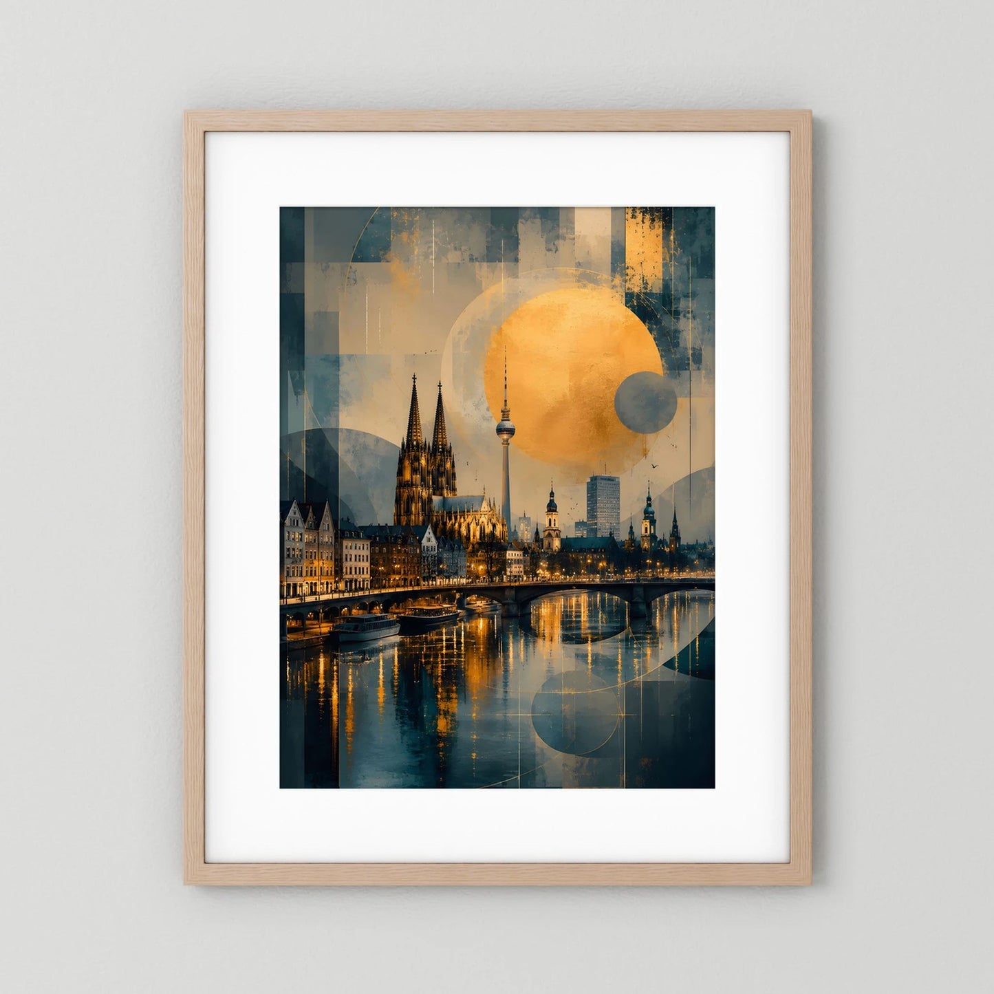Hochformat-Poster Köln-Skyline mit Gold-Lichtkreis, helle Holzumrandung und weißer Rand