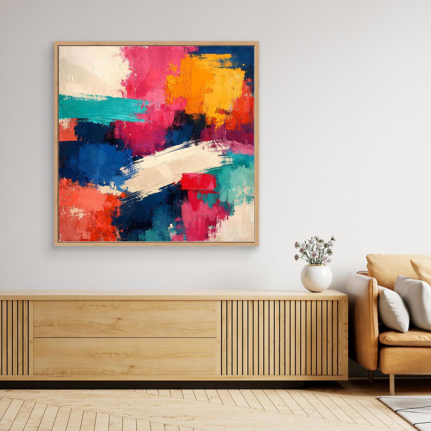Abstraktes Leinwandbild mit farbigen Flecken in Rot, Blau, Gelb und Grün, Eichenrahmen