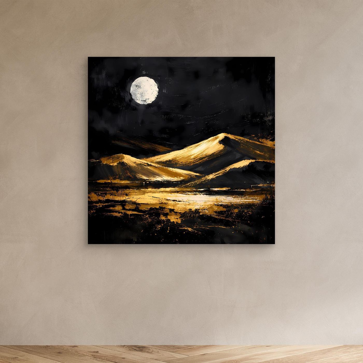 Leinwand Goldene Wüstendünen bei Vollmond | Modernes Abstraktes Landschafts Wandbild