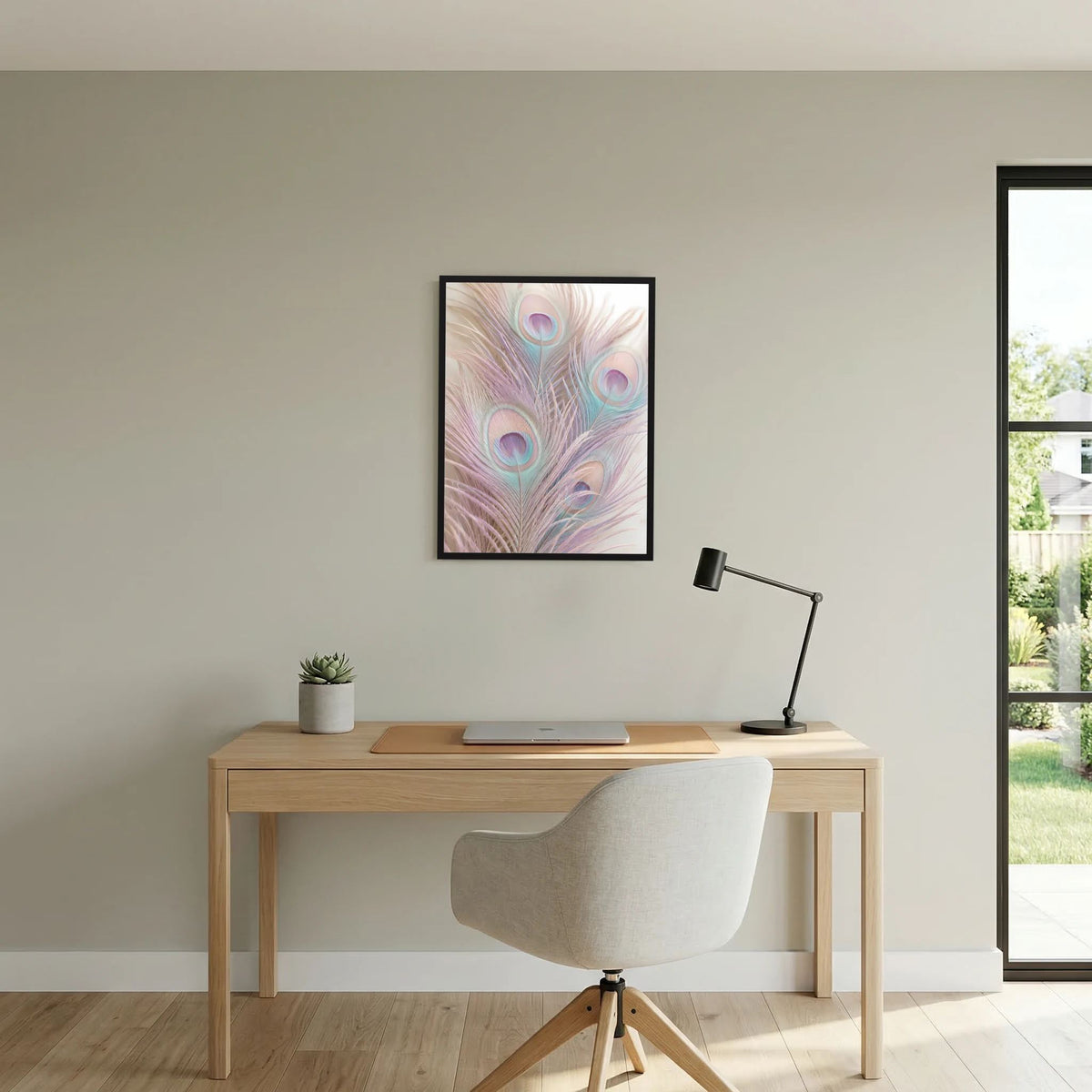 Wandposter mit Pfauenfedermotiv in Pastellfarben, schwarz gerahmt