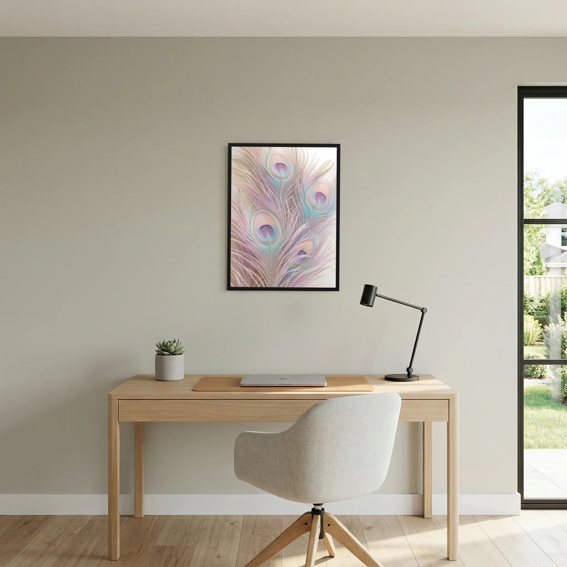 Wandposter mit Pfauenfedermotiv in Pastellfarben, schwarz gerahmt