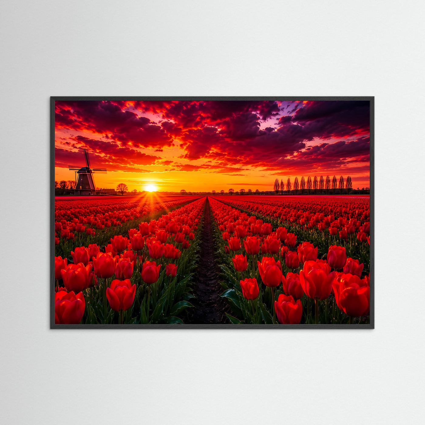 Poster Querformat mit rotem Tulpenfeld und Sonnenuntergang, Windmühle im Hintergrund, schwarzer Rahmen