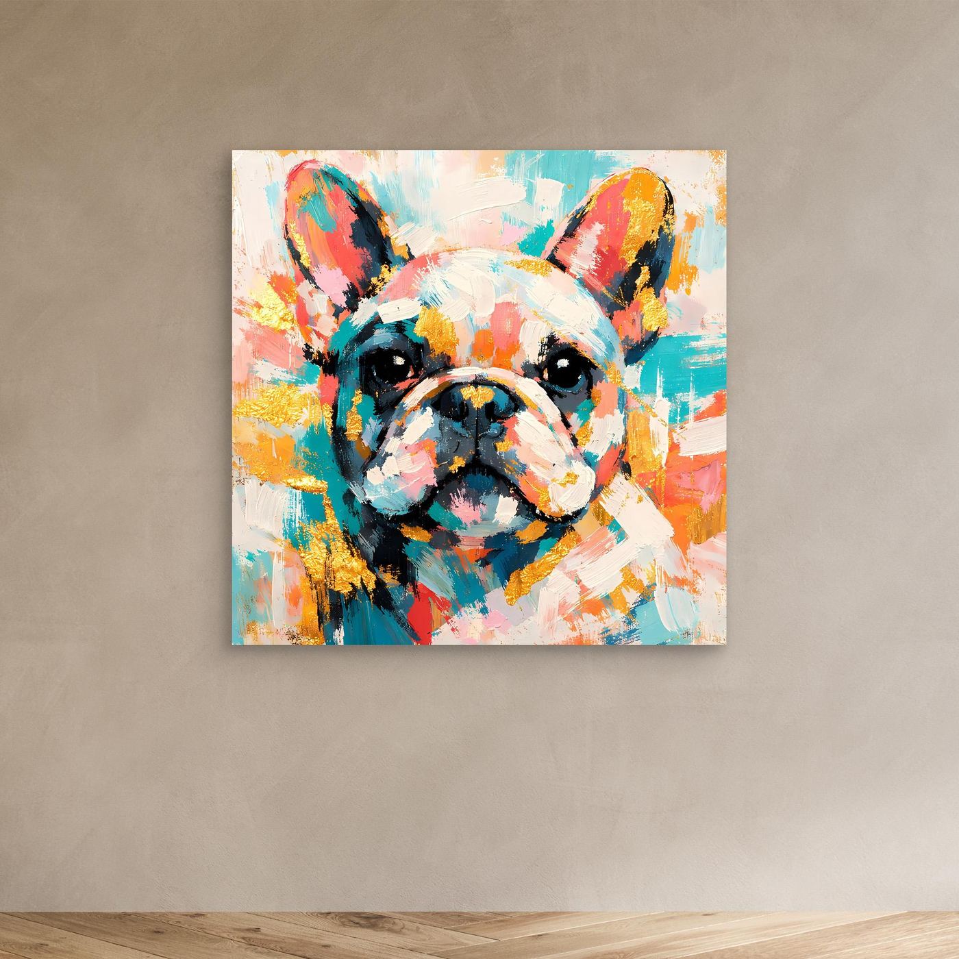 Leinwandbild mit abstrakter Französischer Bulldogge, buntes Hundeporträt ohne Rahmen