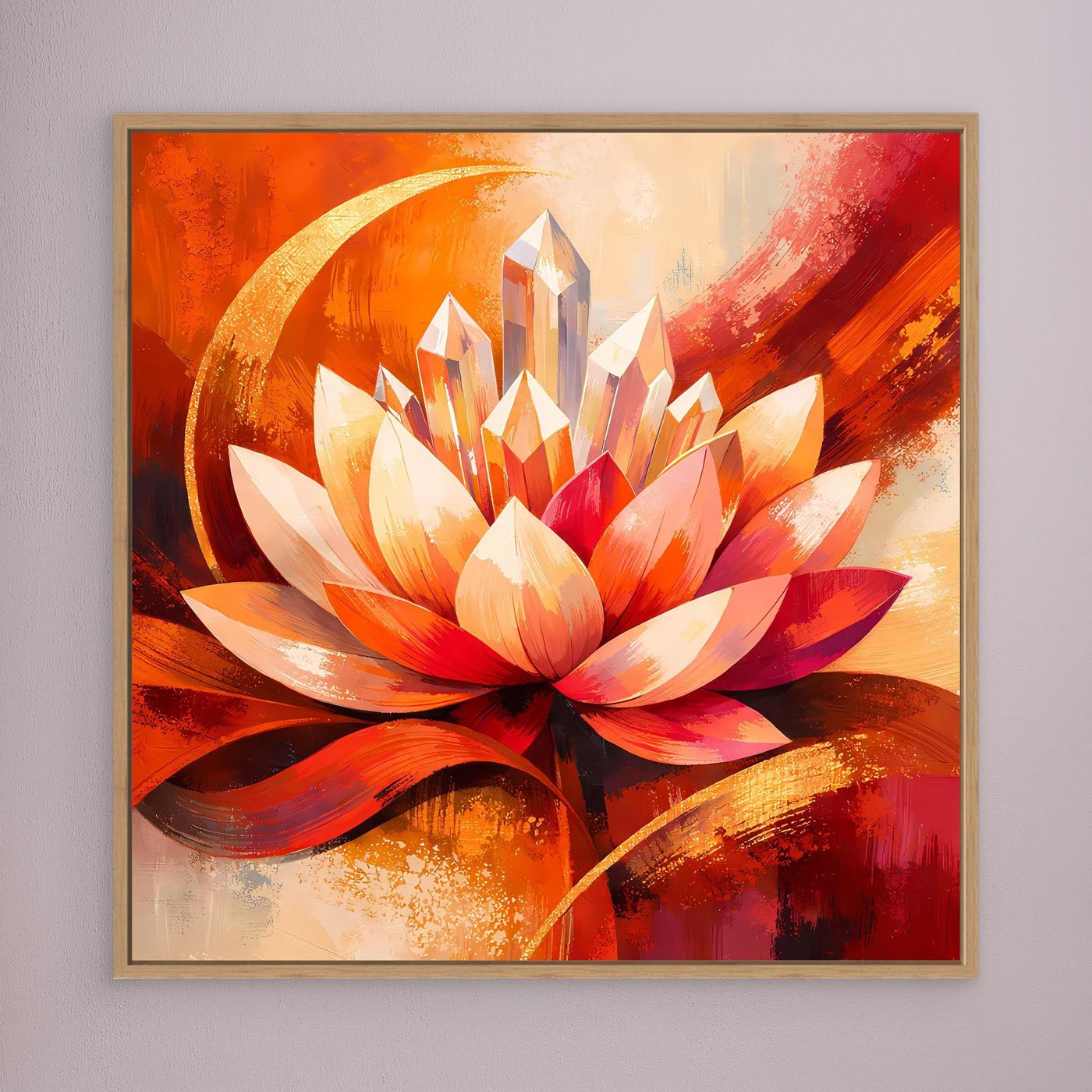 Leinwandbild mit Lotusblüte in Orange und Rot, goldbrauner Rahmen