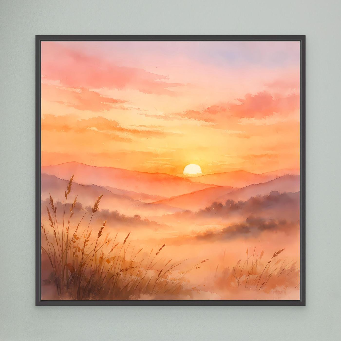 Leinwandbild Sonnenuntergang in den Bergen mit schwarzem Rahmen