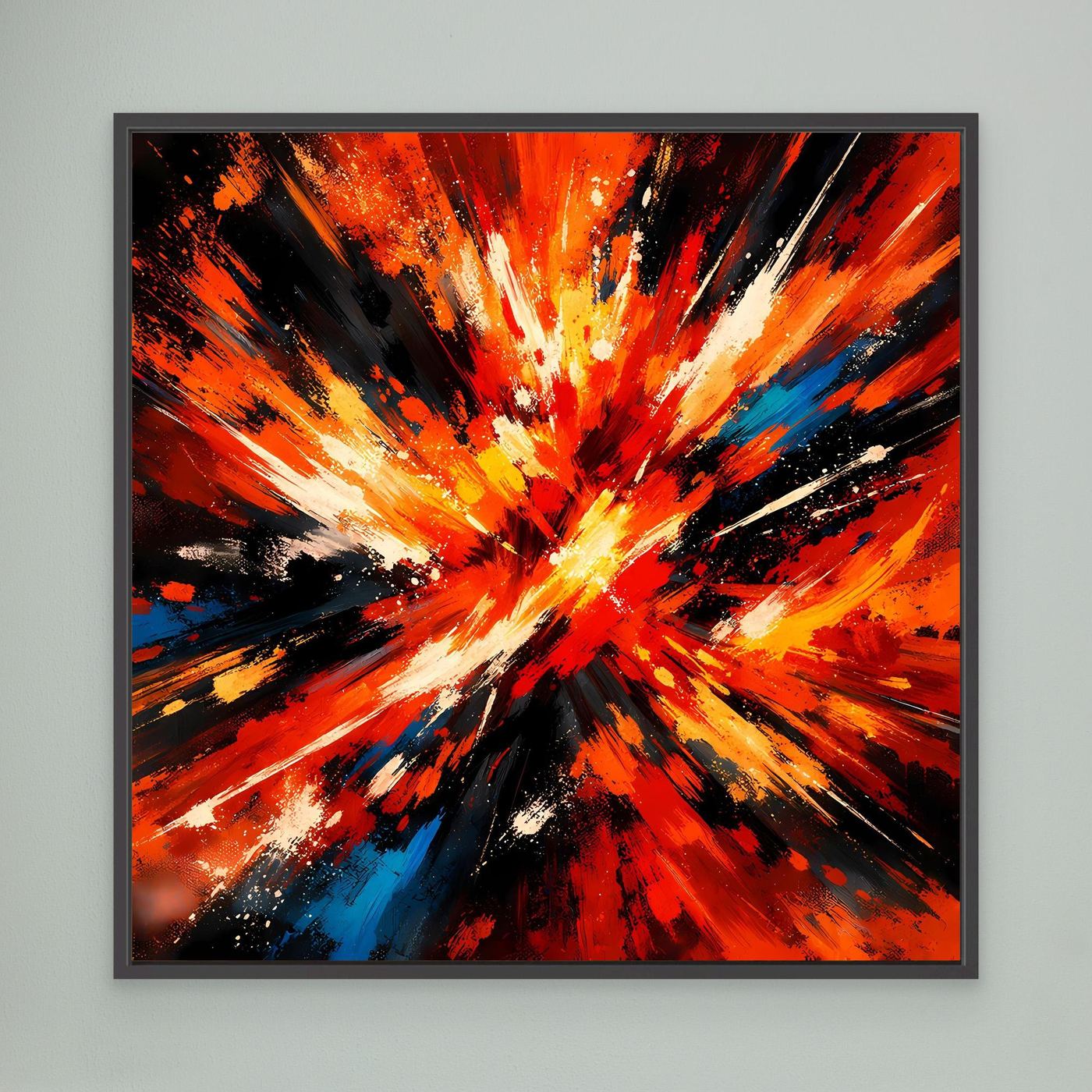 Abstraktes Leinwandbild mit Farbexplosion in Orange, Rot, Gelb und schwarzen Strahlen im dunklen Rahmen.