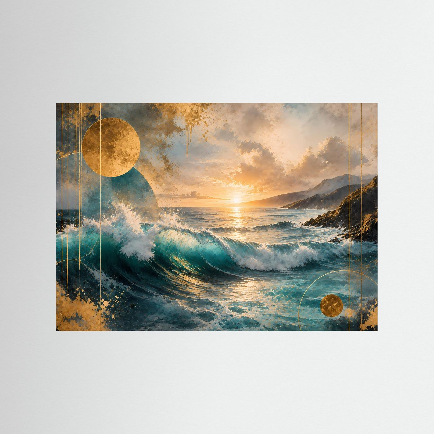 Poster im Querformat mit abstrakter Meereswelle in Türkis, Gold und Blau am Sonnenuntergang