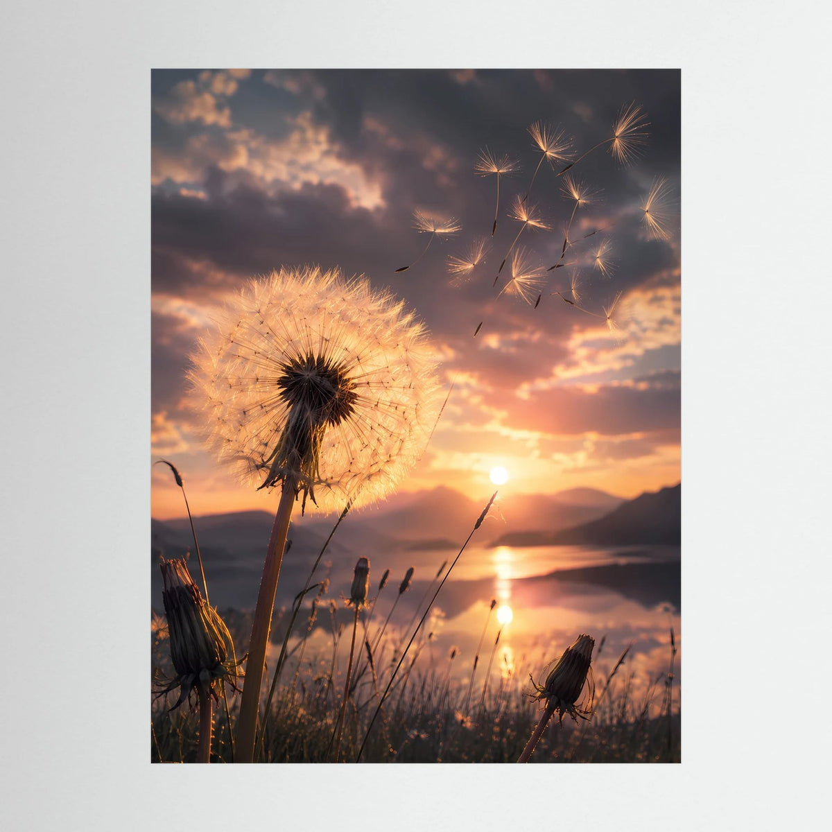 Hochformat-Poster: Pusteblume im Sonnenuntergang mit Himmel im Hintergrund, schwarzer Rahmen