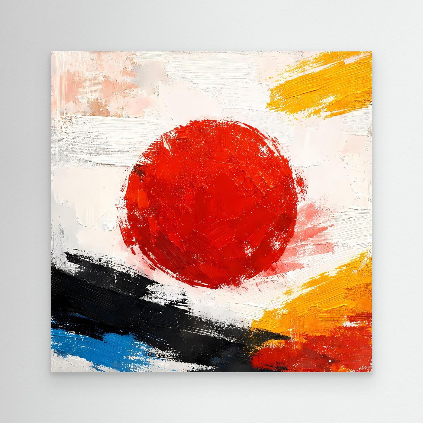 Abstraktes Leinwandbild: rote Sonne, weißer Pinselstrich, gelbe, blaue und schwarze Farbflächen.