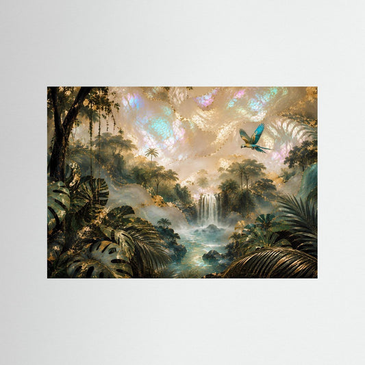 Querformat-Poster mit tropischem Dschungel, Wasserfall und blaugrünem Papagei
