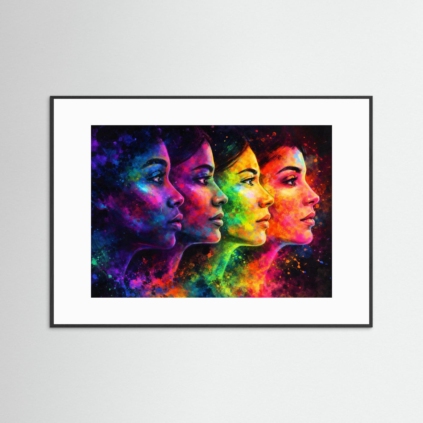 Kunst-Wandbild mit bunten Silhouettenporträts, anthrazitfarbener Rahmen