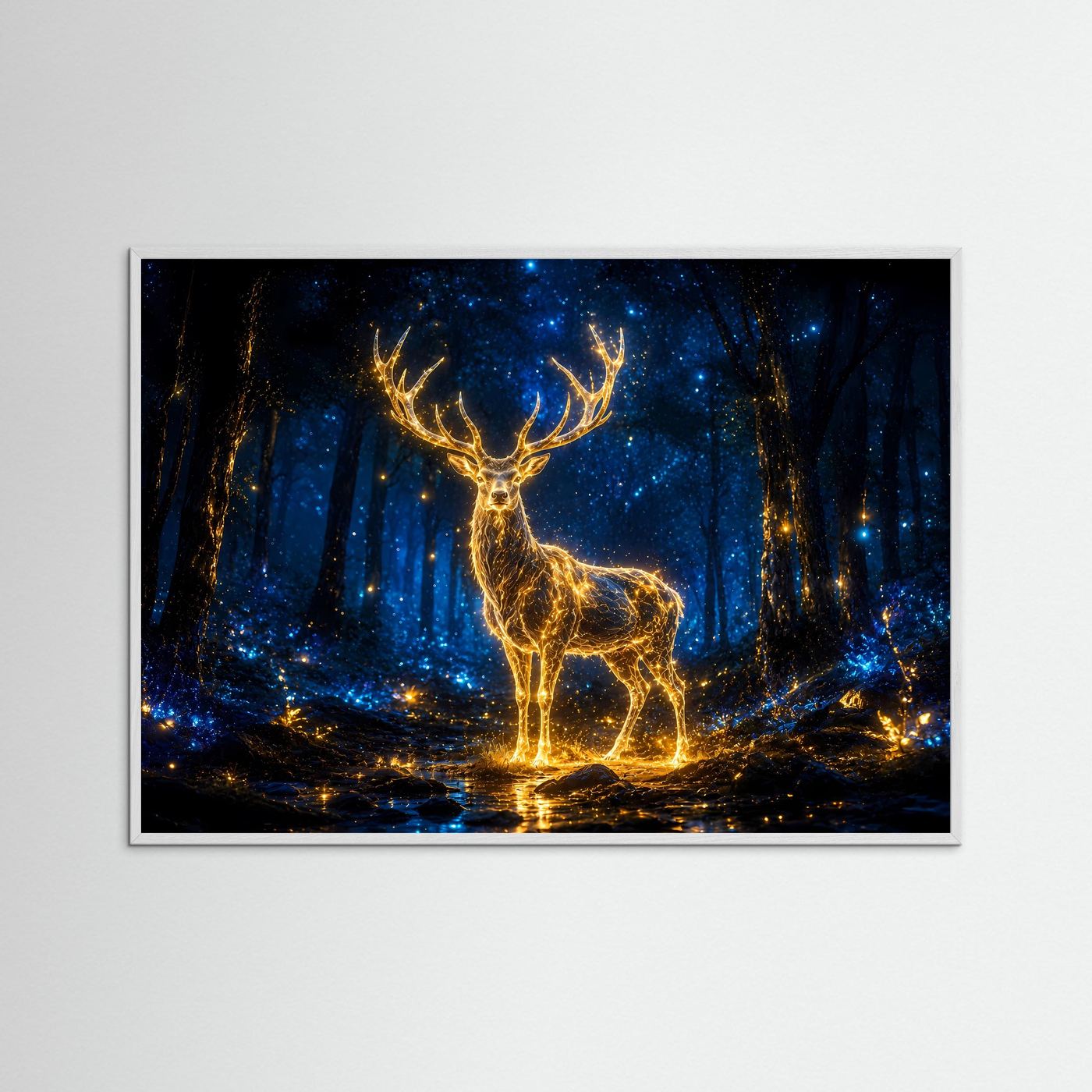 Leuchtender Hirsch Poster | Mystischer Wald Wandbild | Magisches Hirschmotiv in Blau und Gold